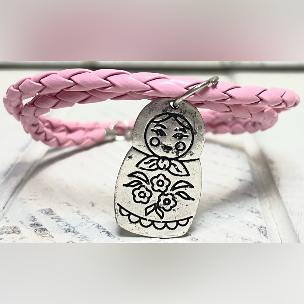 Fashion Jewelry Russian Doll Charm Faux Leather Pink Braided Bracelet Silver